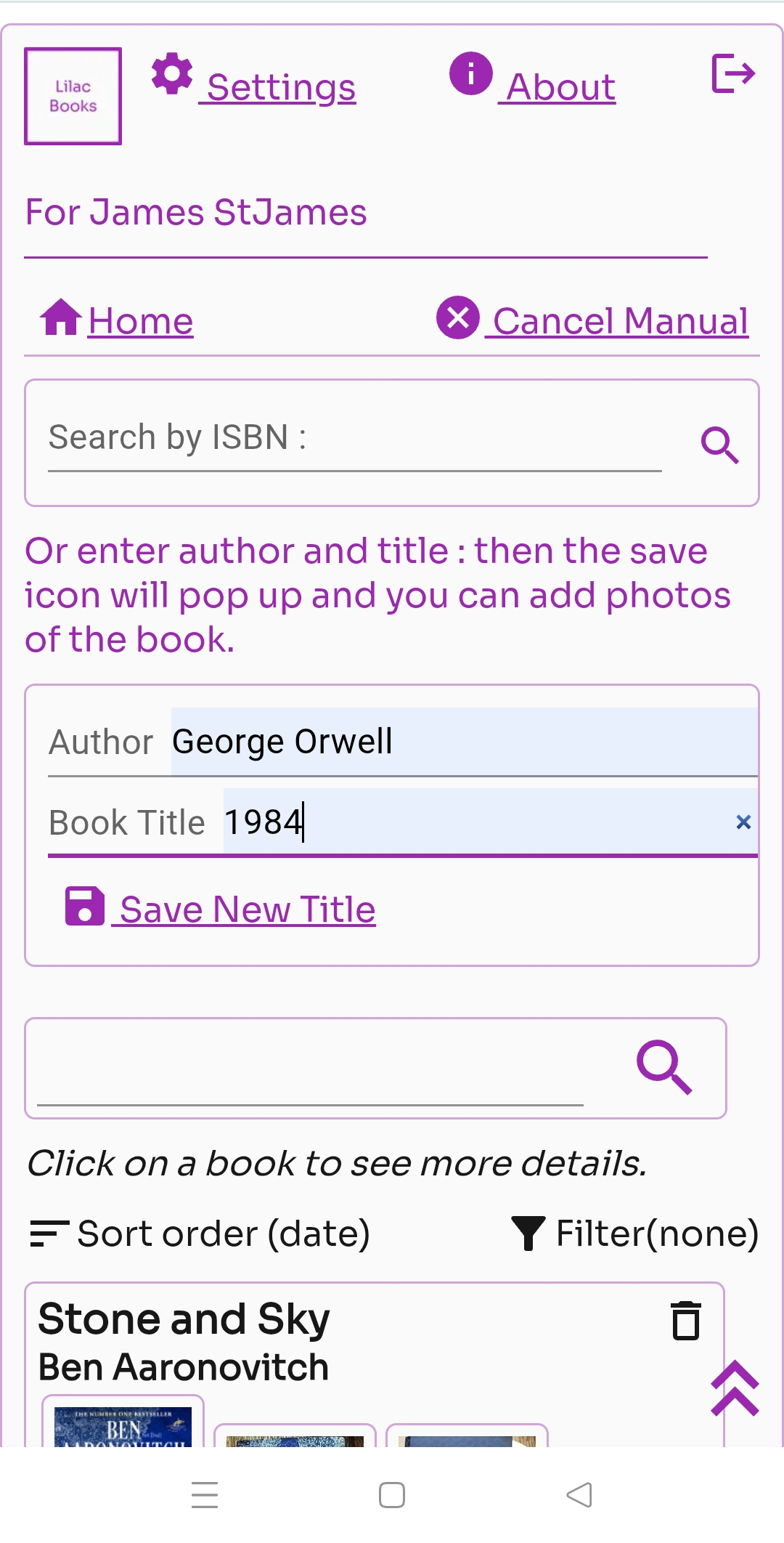 Manual entry of a book title and author Screenshot